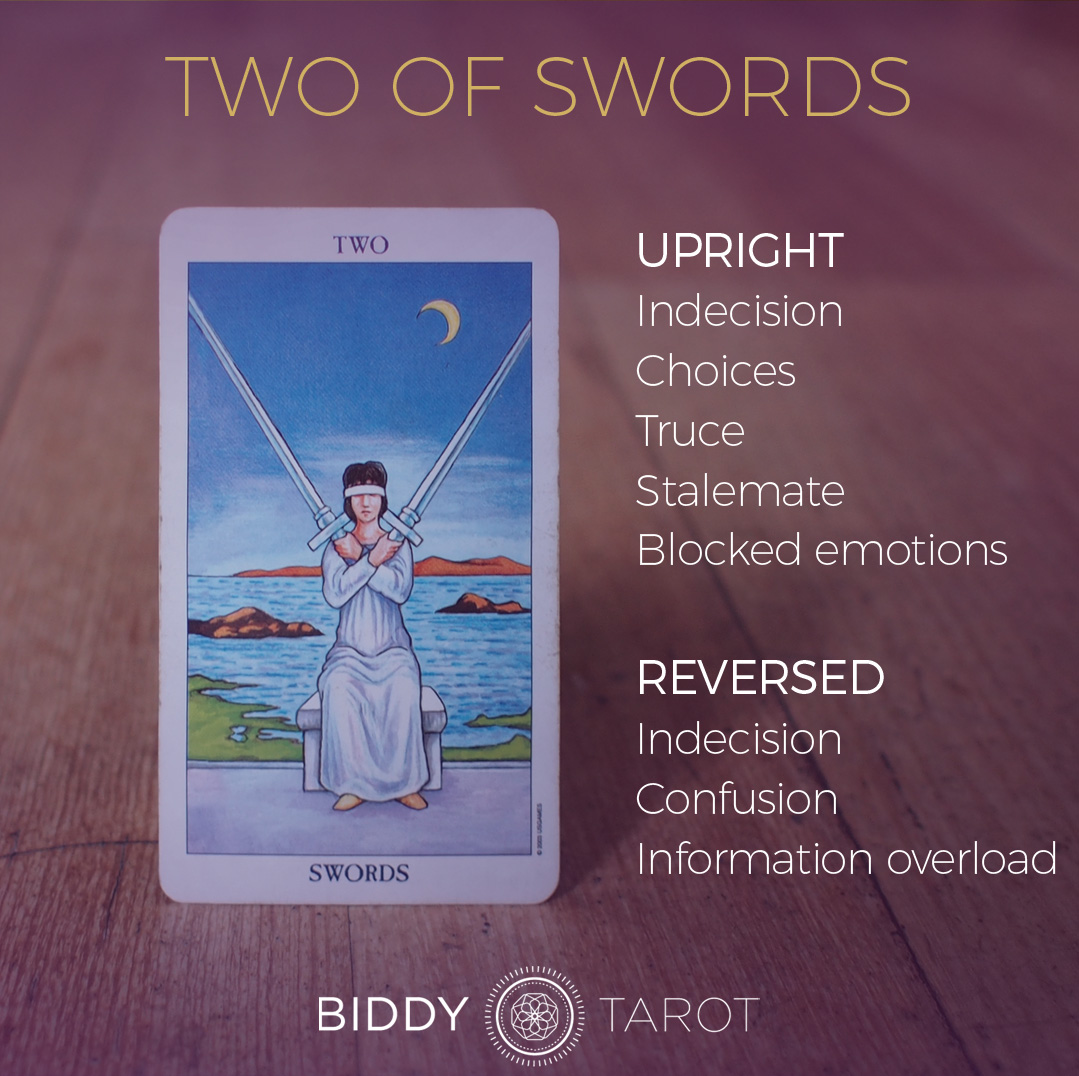 2 of swords On the Two of Swords, we see a young woman wh 